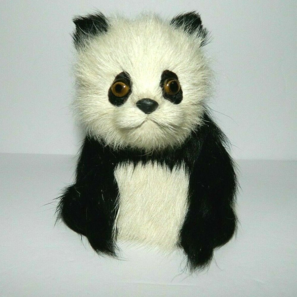 Vintage 4" Real Fur Sitting Panda Bear Figure Decor Accent